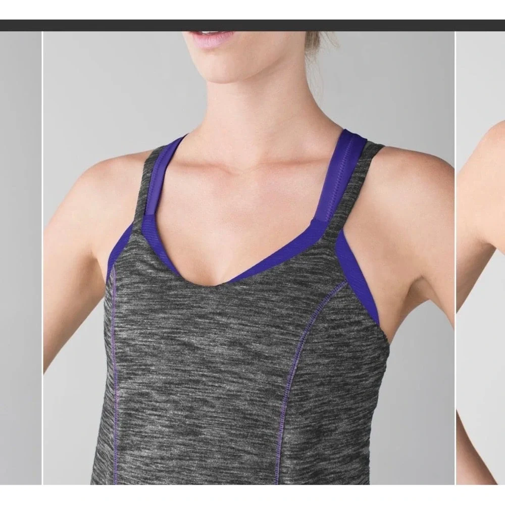 Lululemon Run For Gold Tank Heathered‎ Black / Iris Flower women's 6 workout fit